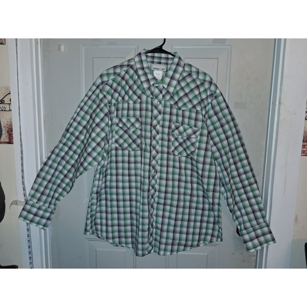 Wrangler Wrancher Western Plaid Green Long Sleeve Button Up Pockets XL MTW1393